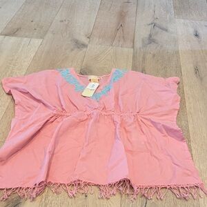 Gianni Bini GB Girls Pink Fringed Top with Blue Embroidery